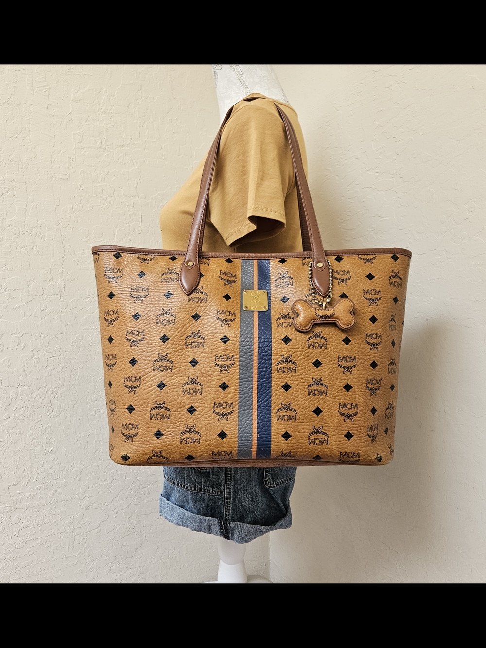 MCM Cognac Monogram Top Zip Tote Bag AUTHENTIC